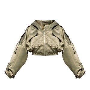 PrettyLittleThing Sage Green Satin Oversized Hooded Pocket Bomber Jacket